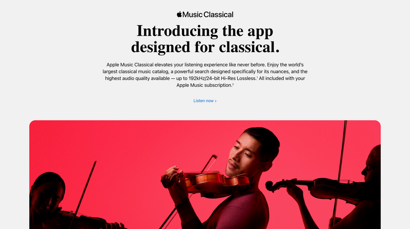Apple has made a great looking landing page design for its classical music app š¶